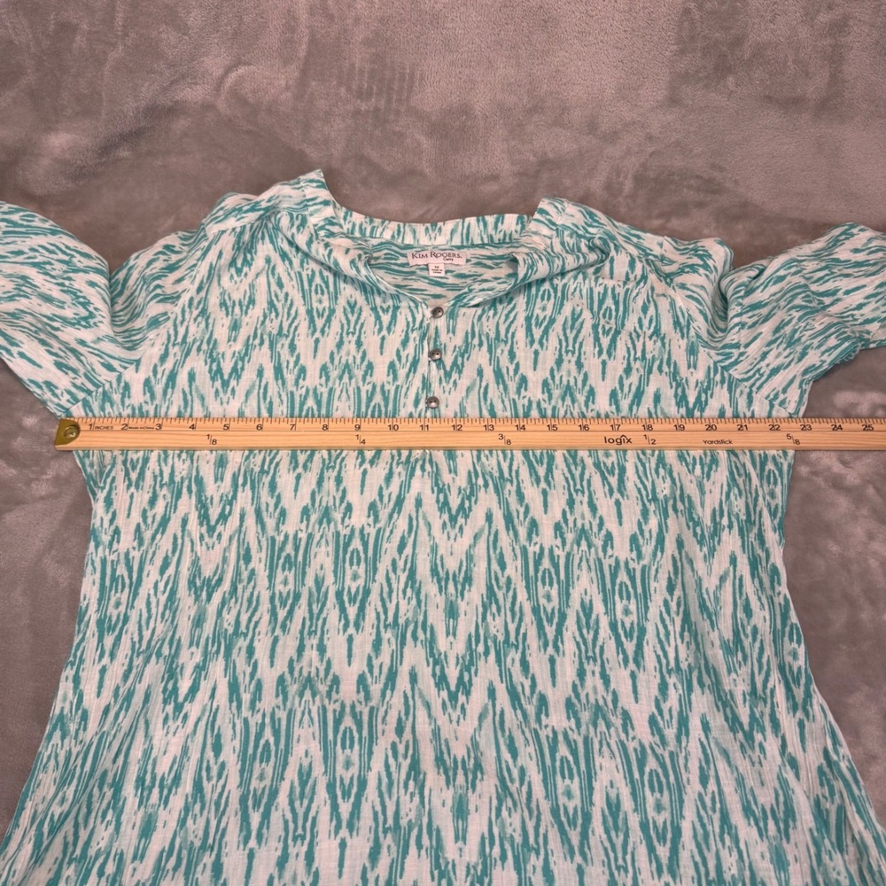 Kim Rogers Curvy Womens 1X Teal White Tunic Blouse Roll Tab 3/4 Sleeve High-Low - Picture 6 of 9